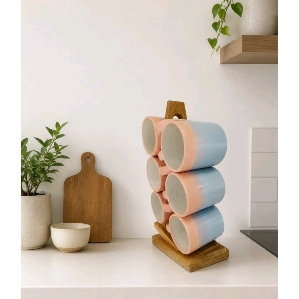 Vtg Rodolfo Padilla Mexico Blue Pink Stoneware Coffee Mug Stacking Tree Rack MC